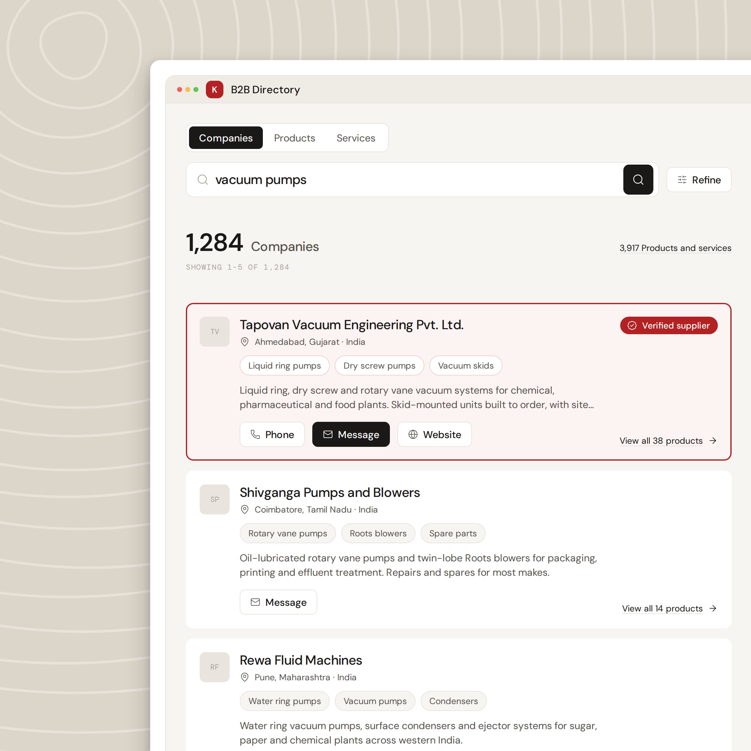 The Kompass B2B directory highlighting a verified supplier, Tapovan Vacuum Engineering, at the top of 1,284 results for a vacuum pumps search.