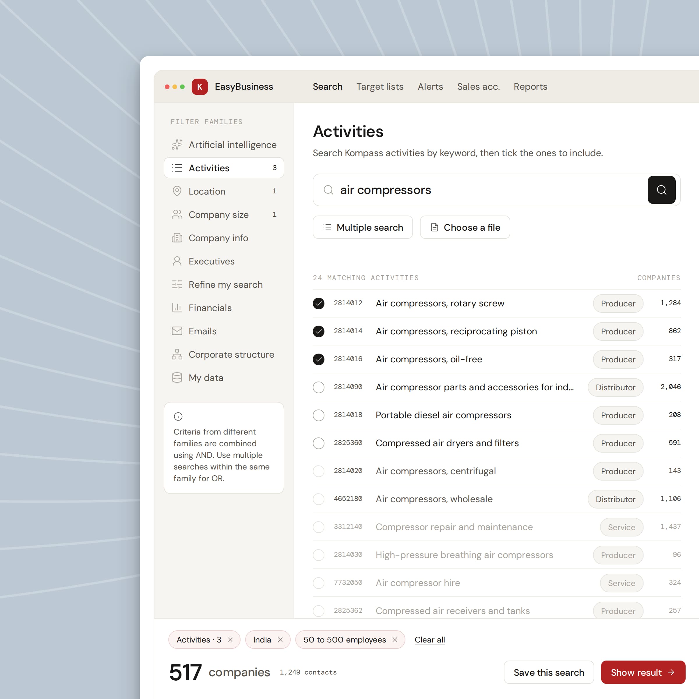 The EasyBusiness dashboard showing 517 companies filtered by air compressor activities, India and 50 to 500 employees.